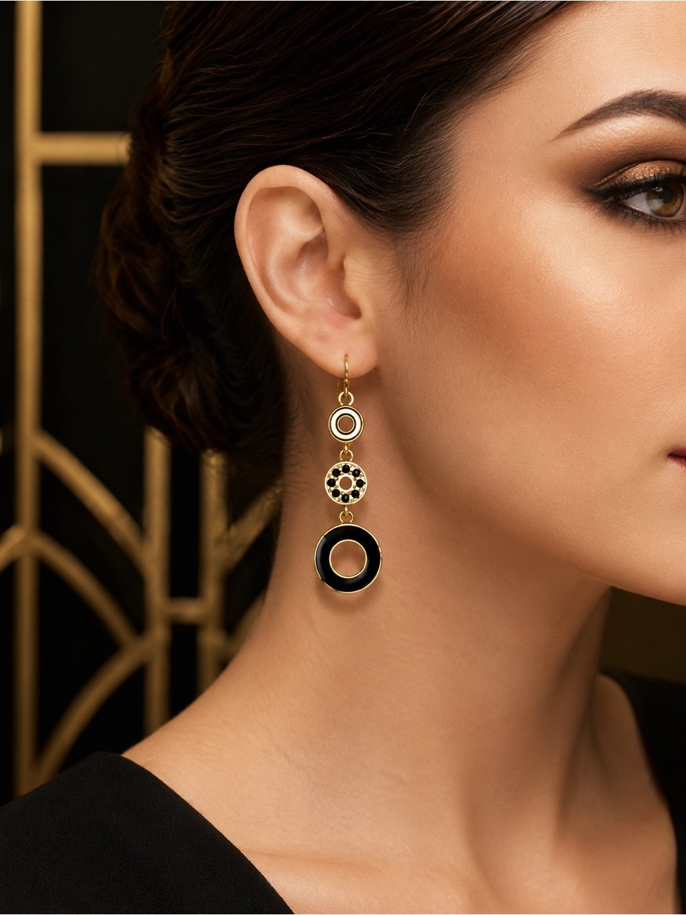 Black Enamel Drop Earrings | Gold Tone Geometric Dangles Lia Sophia
